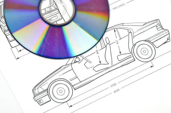 Samochód blueprint i dvd — Zdjęcie stockowe