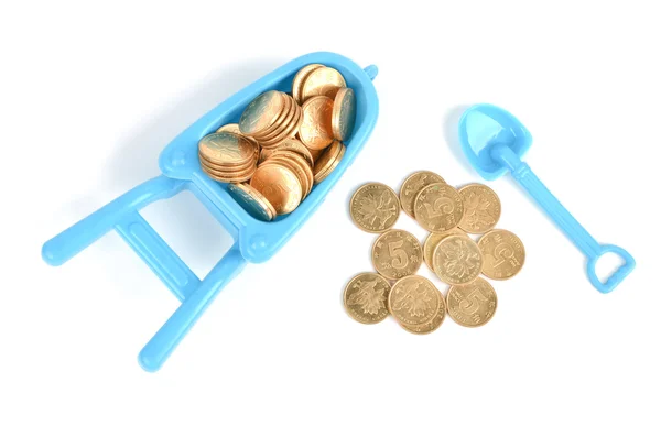 Hračky kára a mince — Stock fotografie