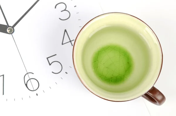 Taza de té en la esfera del reloj — Foto de Stock