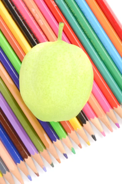 Pear and color pencils — Stock Photo, Image
