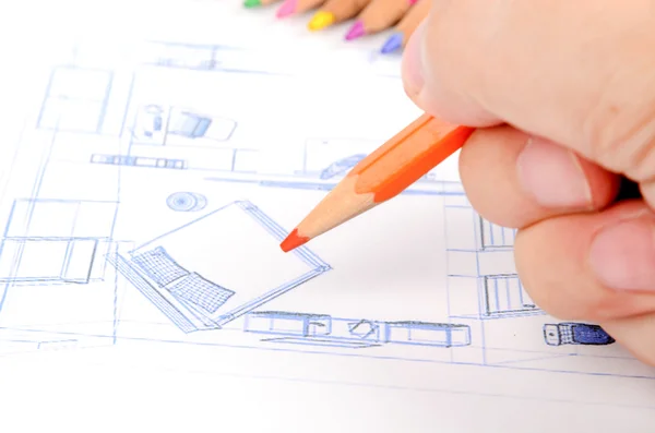 Renkli kalemler ve ev planı — Stok fotoğraf