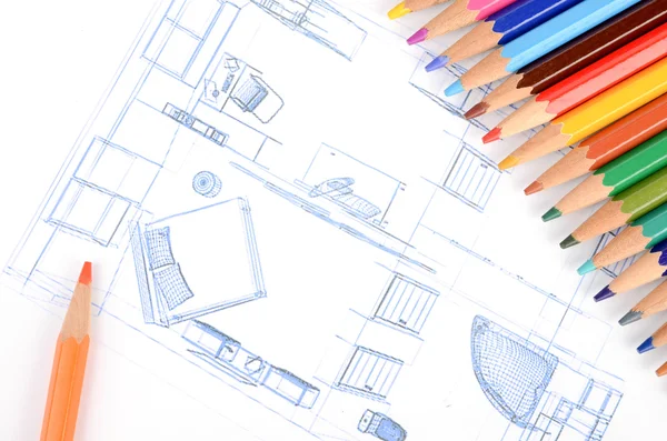 彩色铅笔和房子的蓝图 — 图库照片