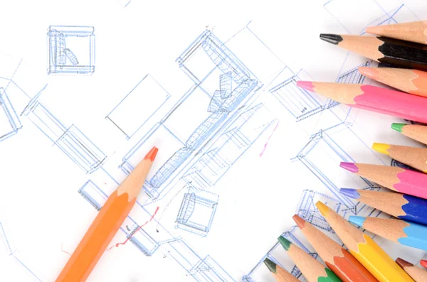 Color pencils and house blueprint — Stock Photo, Image