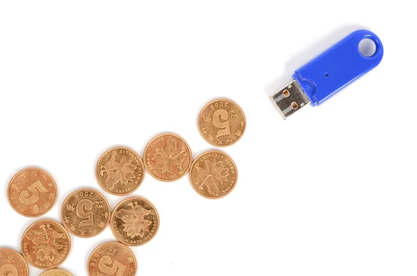 USB disk and coins — Stock Photo, Image