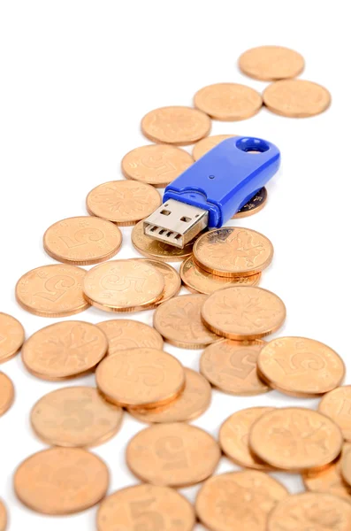 Disco USB e monete — Foto Stock