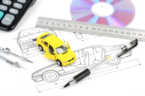 Toy car and blueprint — Stock Photo, Image