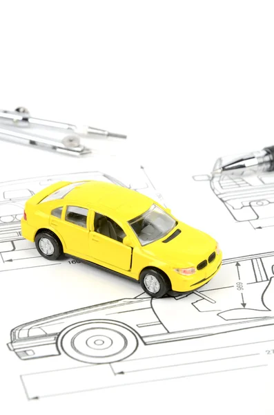 Toy car on blueprint — Stock Photo, Image