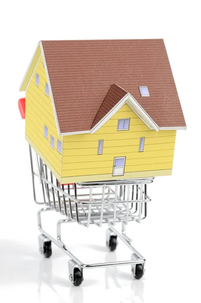 Shoppingvagn och modell hus — Stockfoto