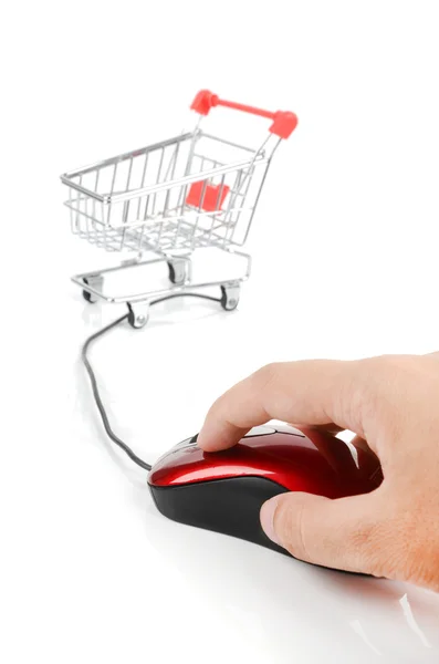 Carrinho de compras e mouse computador — Fotografia de Stock