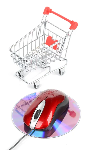 Carrinho de compras e DVD com mouse — Fotografia de Stock