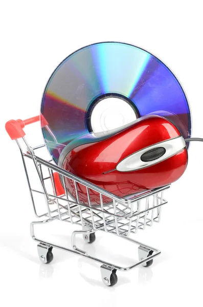 Carrinho de compras e DVD com mouse — Fotografia de Stock