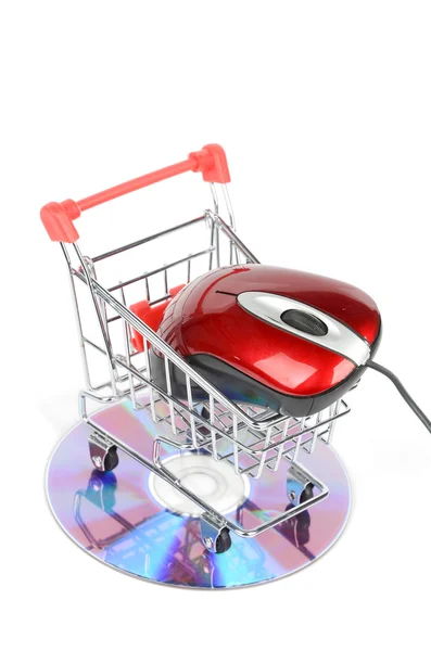 Nákupní vozík a dvd s myší — Stock fotografie
