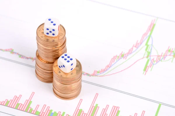 Dice and coin on stock report — Stock Photo, Image