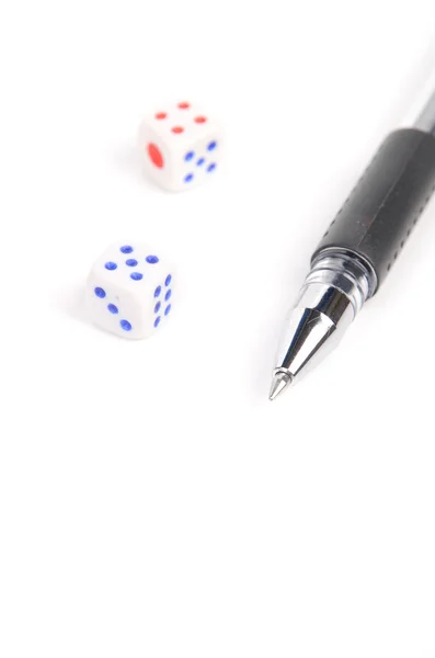 stock image Pen and dices on white background