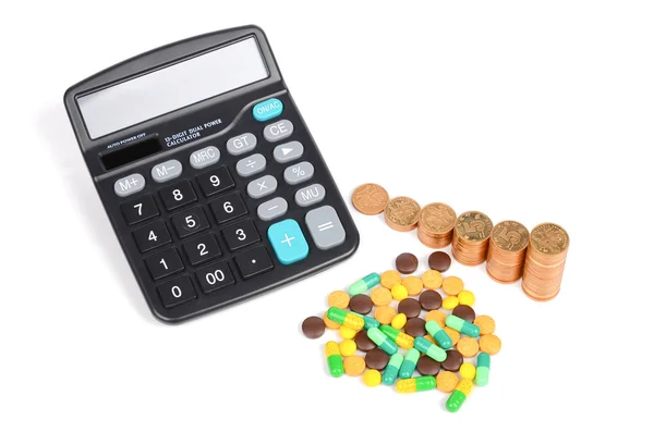 Medicina, monete e calcolatrice — Foto Stock