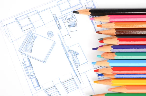 Hus plan och färg penna — Stockfoto