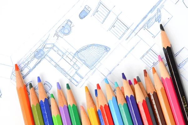 房子计划和彩色铅笔 — 图库照片