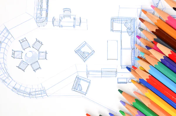 Plano de casa e lápis de cor — Fotografia de Stock