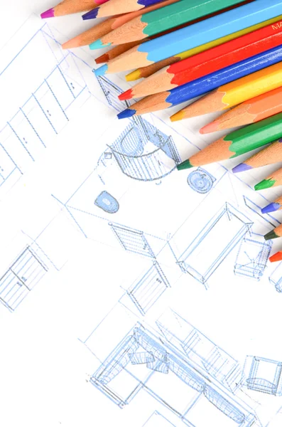 План дома и цветной карандаш — стоковое фото