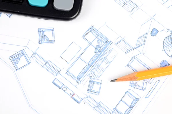 铅笔、 计算器和房子计划 — 图库照片