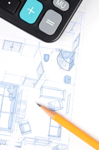 Penna, kalkylator och hus plan — Stockfoto