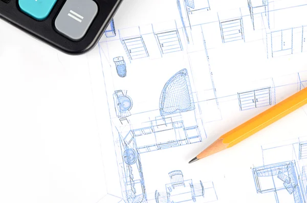 Ołówek, kalkulator i plan domu — Zdjęcie stockowe