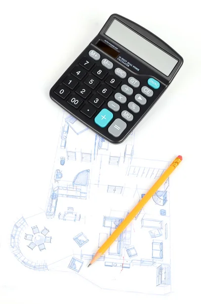 Potlood, rekenmachine en plan van het huis — Stockfoto
