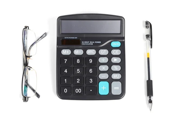 Kalkulator, pióro i oko okulary — Zdjęcie stockowe