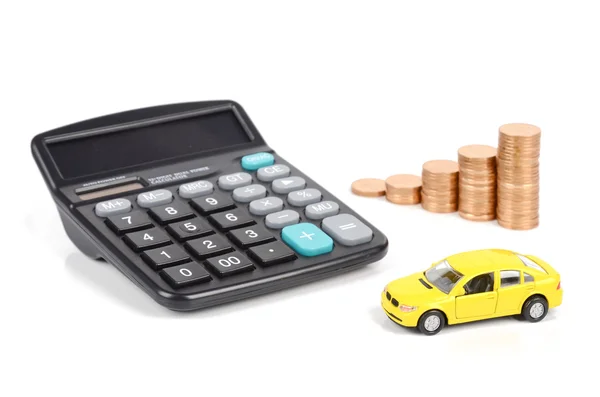Calculator,coins and toy car — Stock Photo, Image