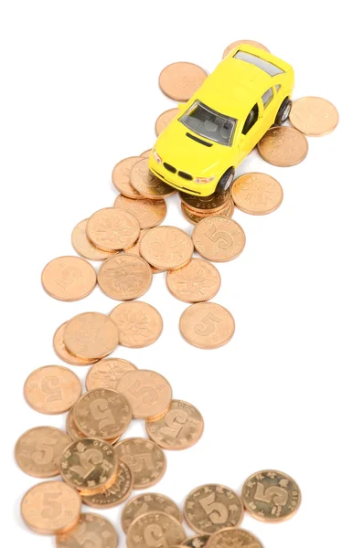 Αυτοκίνητο παιχνίδι και κέρματα — Φωτογραφία Αρχείου