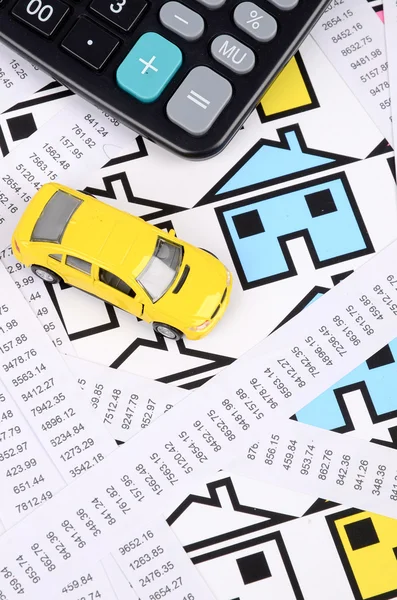Receipts and house with toy car — Stock Photo, Image