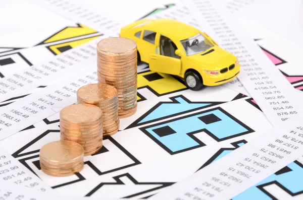 Receipts,coins and house with toy car — Stock Photo, Image
