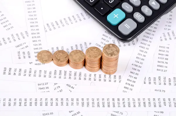 Příjmy, kalkulačka a mince — Stock fotografie