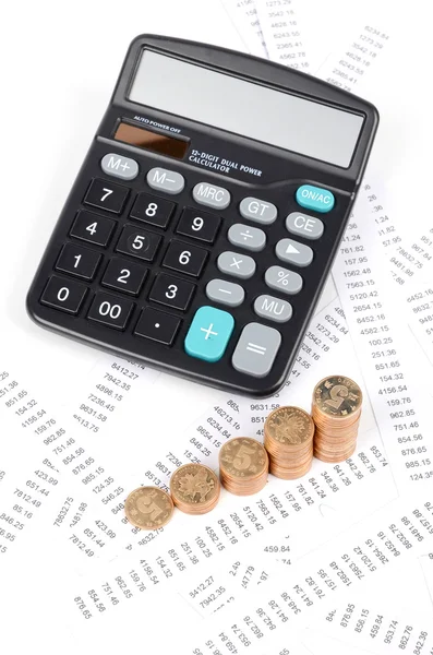 Ontvangsten, rekenmachine en munten — Stockfoto