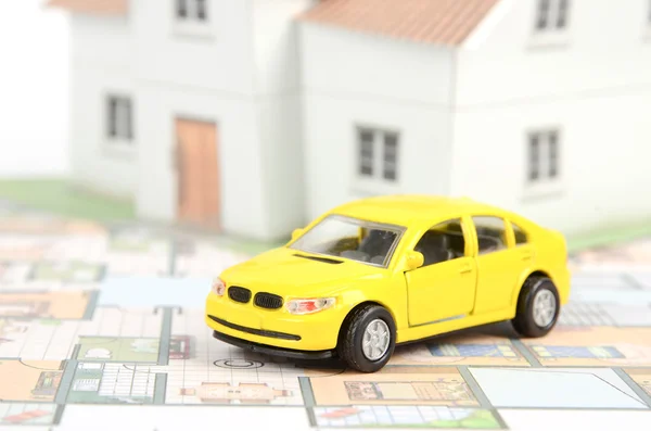 模型的房子、 汽车和蓝图 — 图库照片