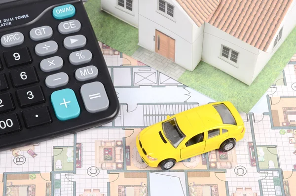 Model ev, araba ve plan — Stok fotoğraf