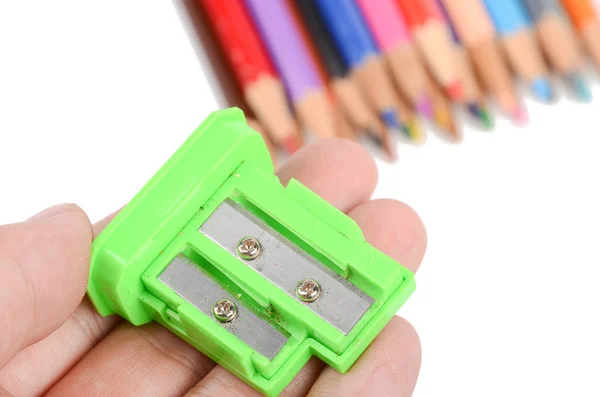 Color pencils and sharpener — Stock Photo, Image