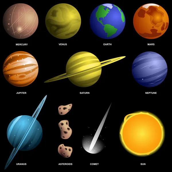 Planetas aislados en negro (no a escala ) — Vector de stock