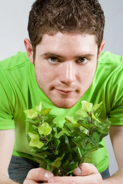 Чоловік тримає маленьку рослину — стокове фото