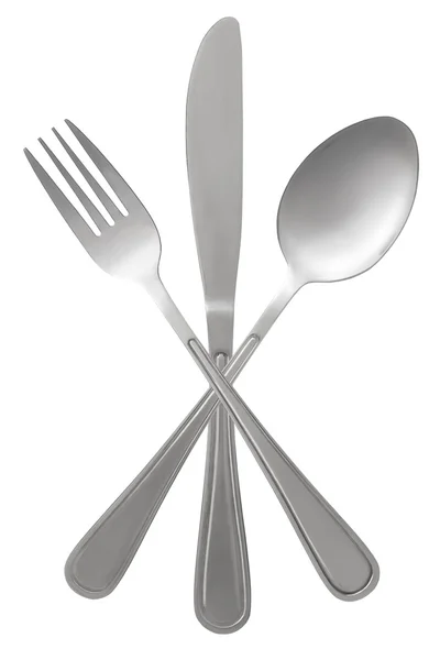 Fork spoon and knife crossed on white background — Stock Photo, Image
