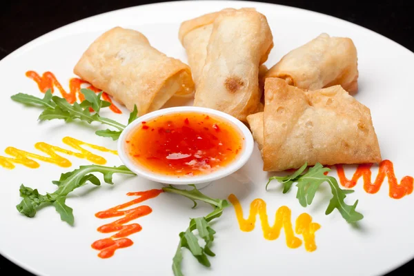 Spring Rolls with sauce on the plate — Stock Photo, Image