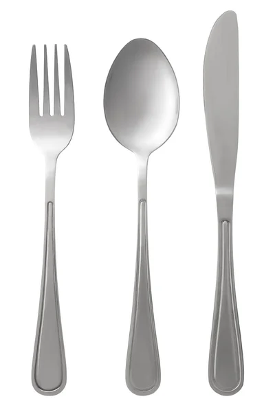 Colher, faca e garfo sobre fundo branco — Fotografia de Stock