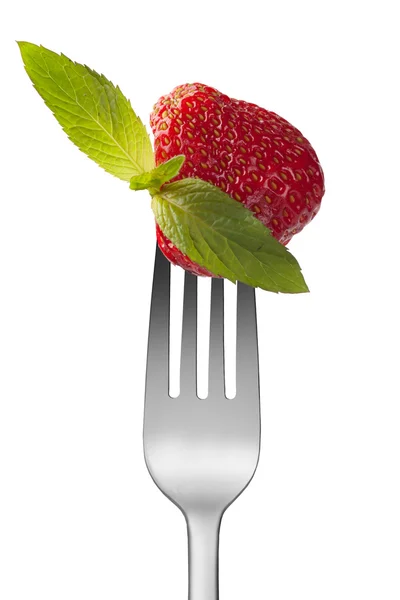 Strawberry with mint on the fork — Stock Photo, Image