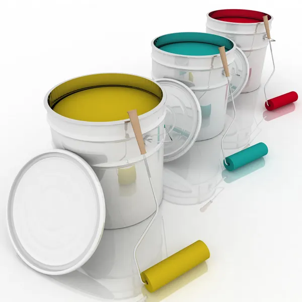 Otevřete kbelík s barvou barva a válečky — Stock fotografie
