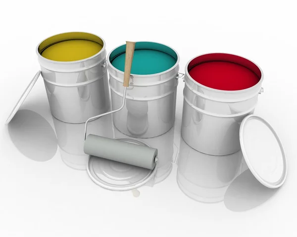 Open bucket with color paint and roller — Stock Photo, Image