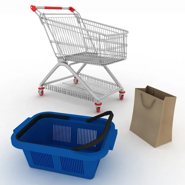 Samling för shopping från korgen, paket och vagn — Stockfoto