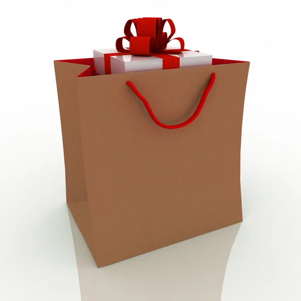 Caja de regalo con lazo rojo en bolsa para regalo en blanco —  Fotos de Stock