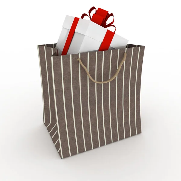 Caja de regalo con lazo rojo en bolsa para regalo sobre fondo blanco —  Fotos de Stock