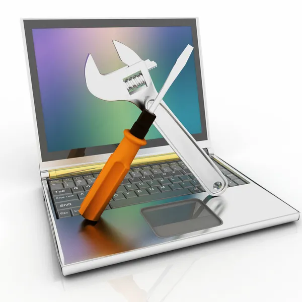 Ilustración 3d de portátil con destornillador y llave inglesa —  Fotos de Stock
