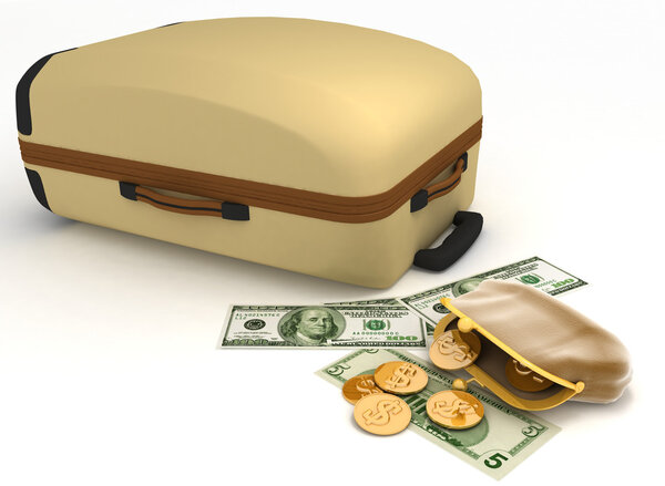 Suitcase and open purse with money on white